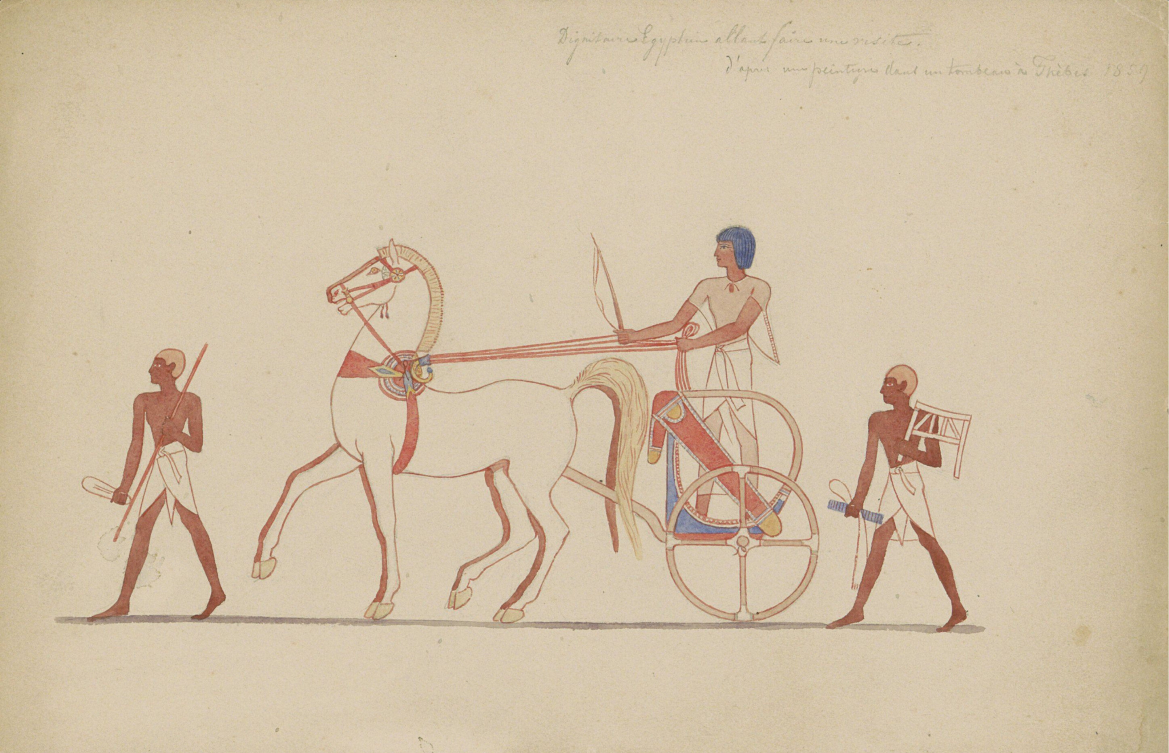 Willem de Famars Testas (1834-1896), Egyptische hoogwaardigheidsbekleder legt een bezoek af, getekend naar een decoratie in het graf van Amenhotep-Sise in Thebe, 1859. Potlood, waterverf op papier, 186mm × 274 mm. Collectie Rijksmuseum Amsterdam.