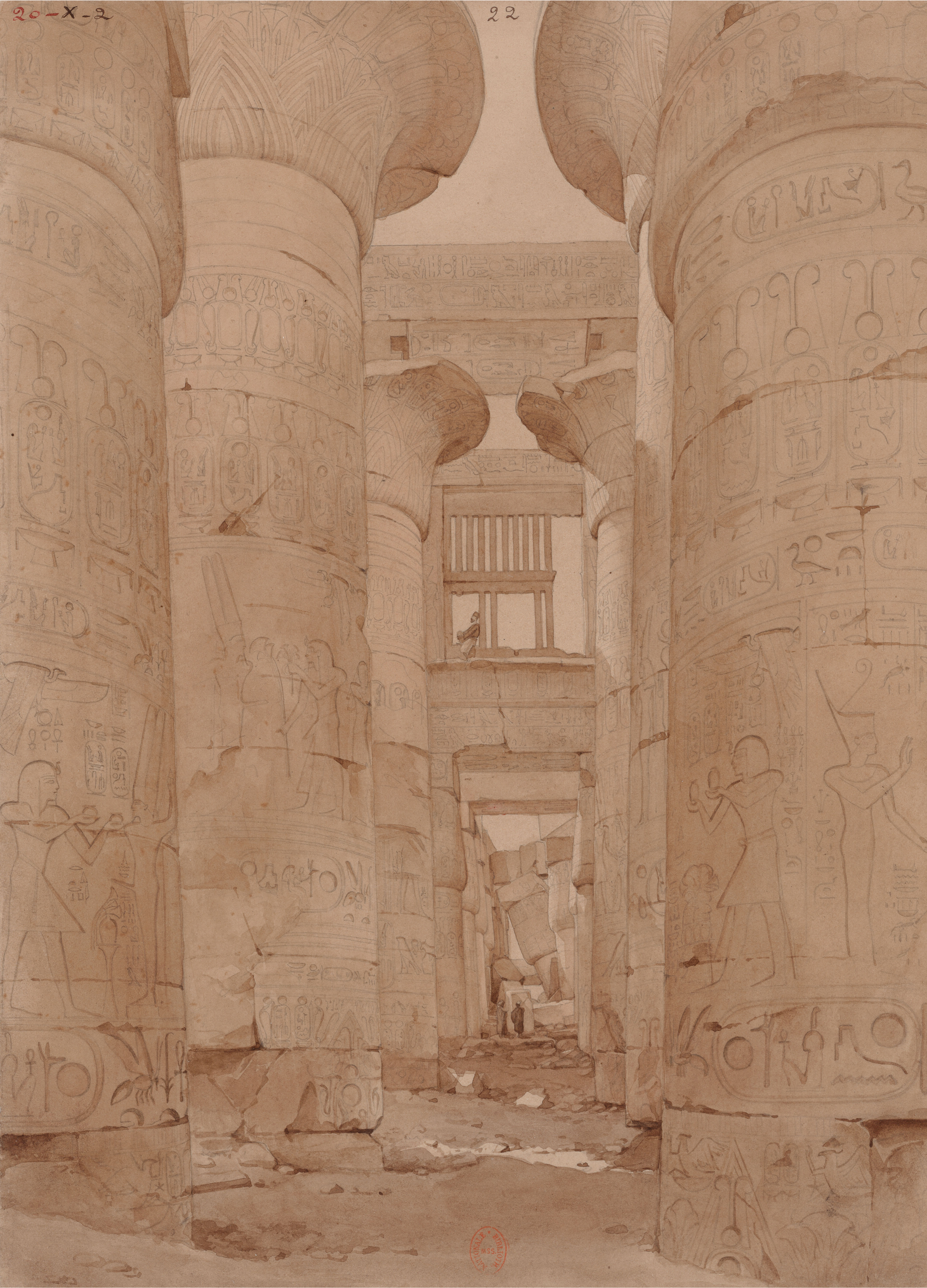 Willem de Famars Testas (1834-1896). De hypostyle zaal van de tempel van Karnak, 1859. Potlood, inkt op papier. Bibliothèque nationale de France.