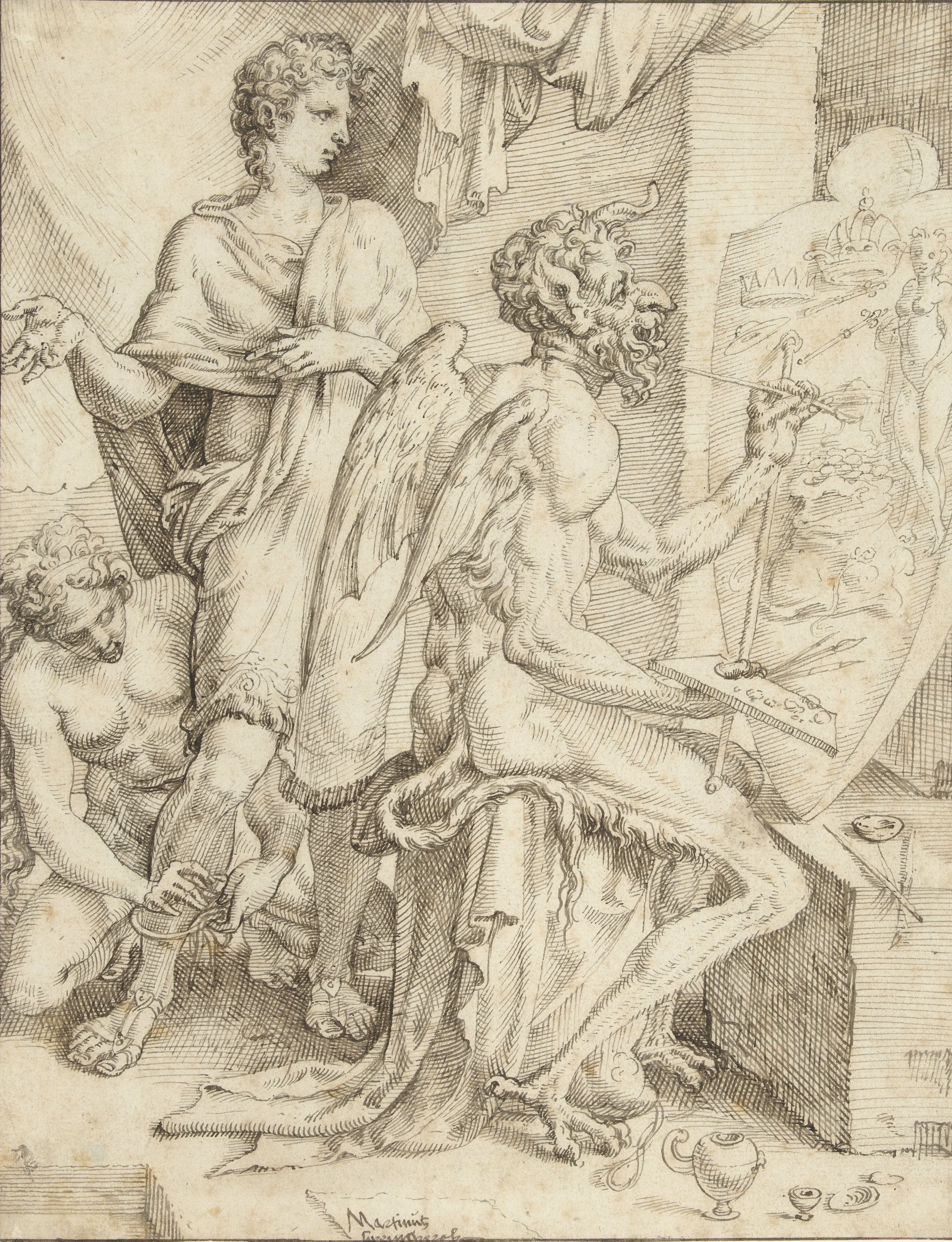 Maarten van Heemskerck, De duivel vervult het menselijk hart met begeerte naar rijkdom, macht en genot, 1550.