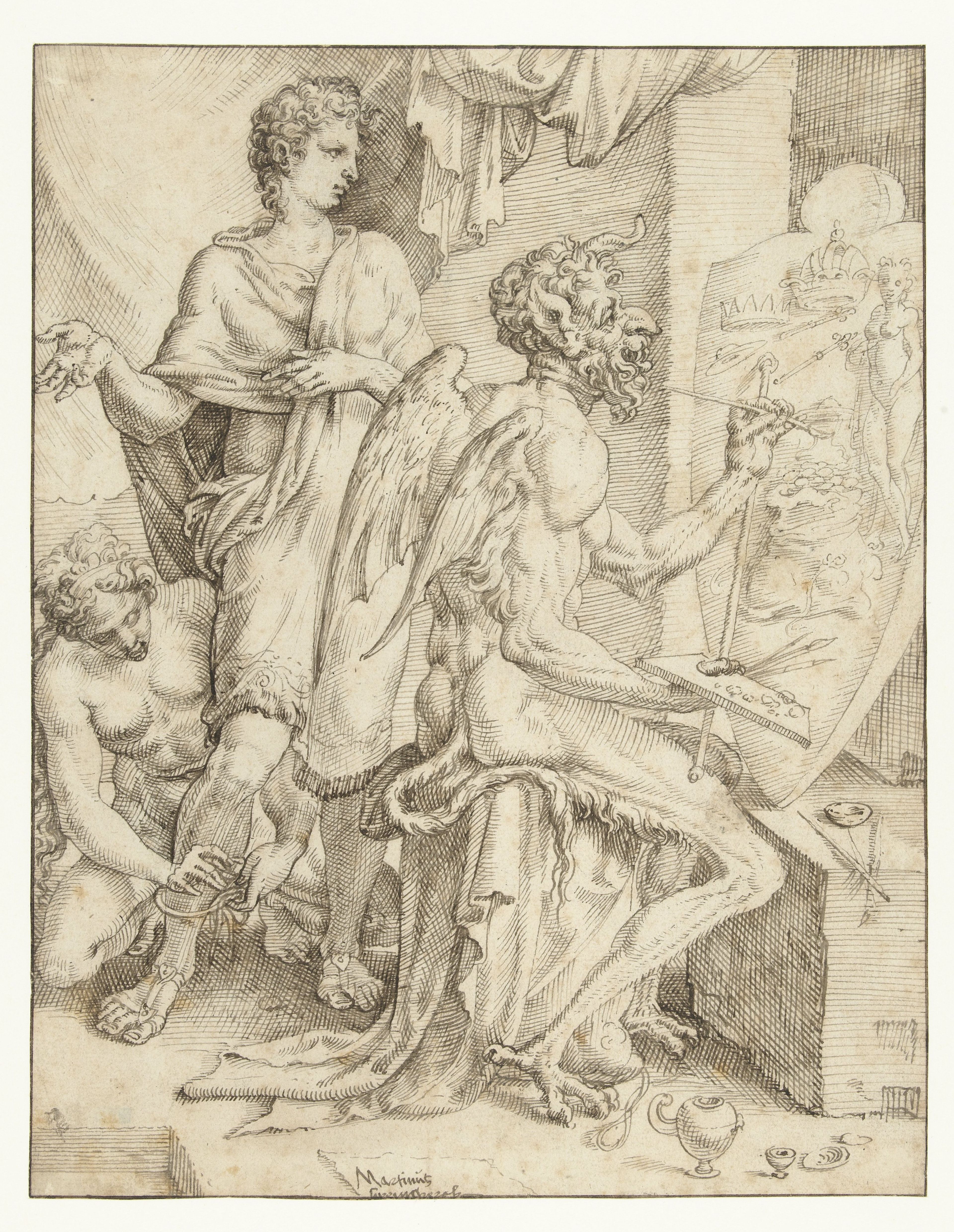 Maarten van Heemskerck, De duivel vervult het menselijk hart met begeerte naar rijkdom, macht en genot, 1550.