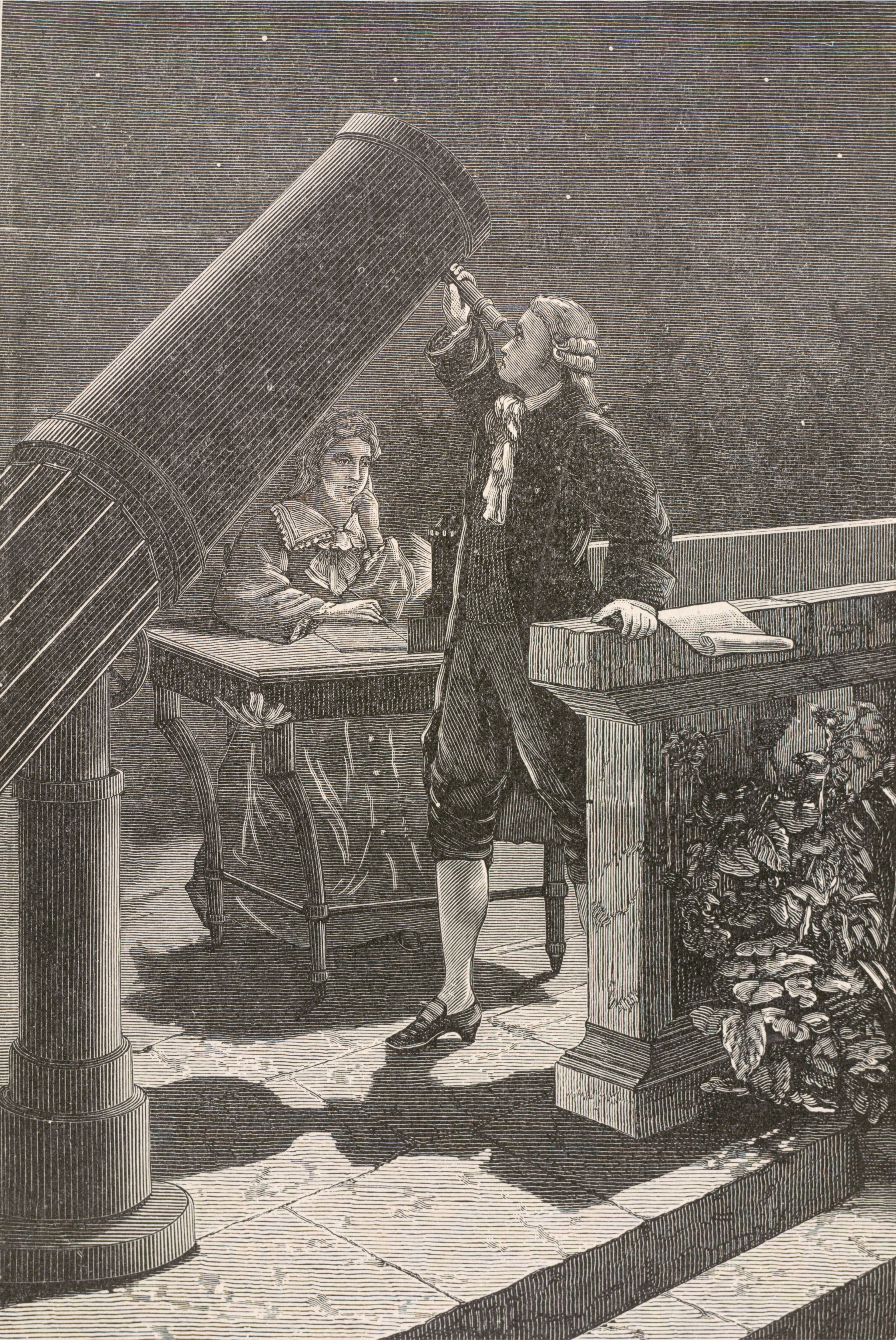 William en Caroline Herschel aan de telescoop, uit: ‘De wonderen des hemels’, Camille Flammarion (1842-1925), 1884. 