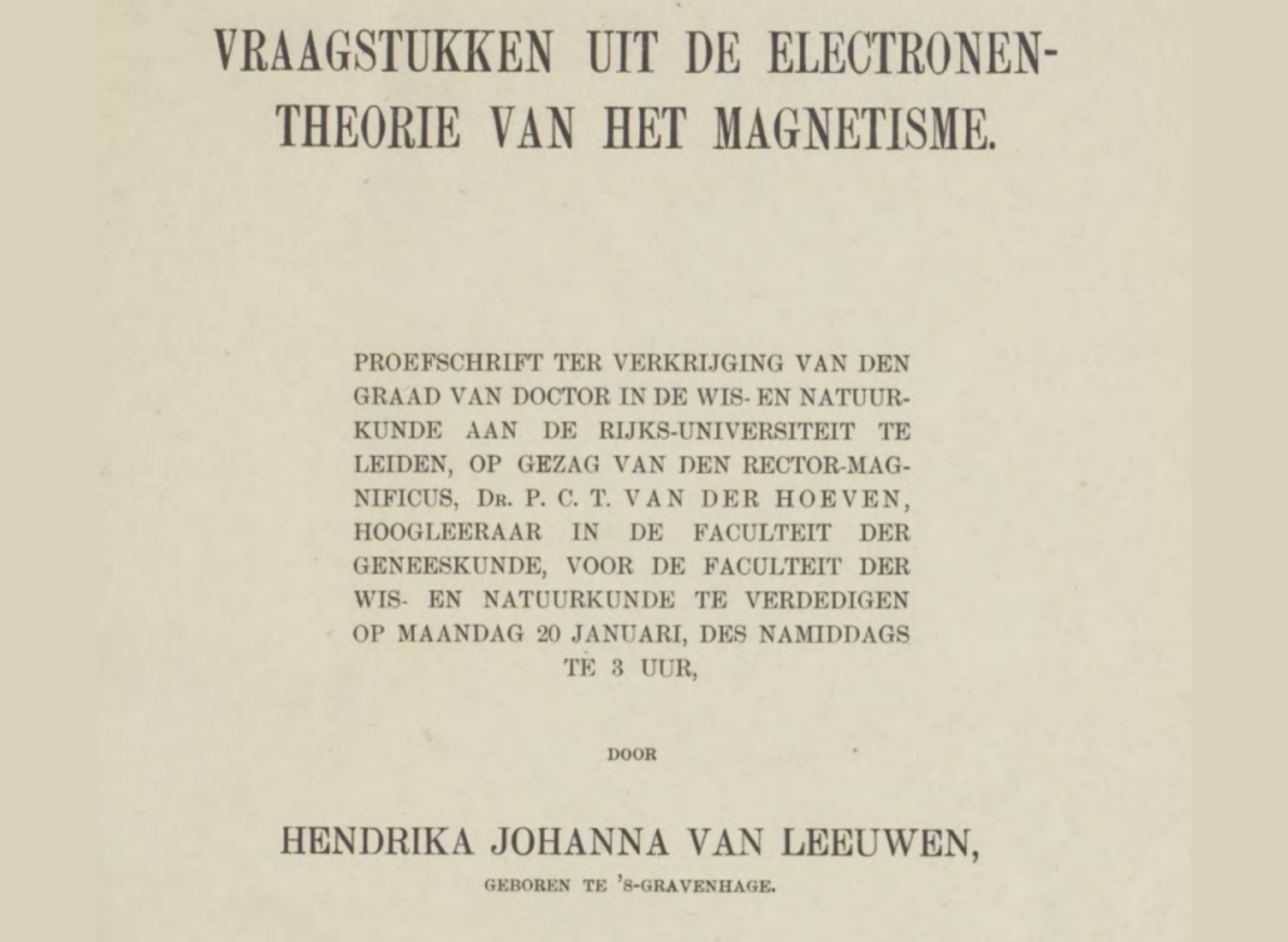 Hendrika Johanna van Leeuwen, titelpagina van ‘Vraagstukken uit de Electronentheorie van het Magnetisme’, 1919. 