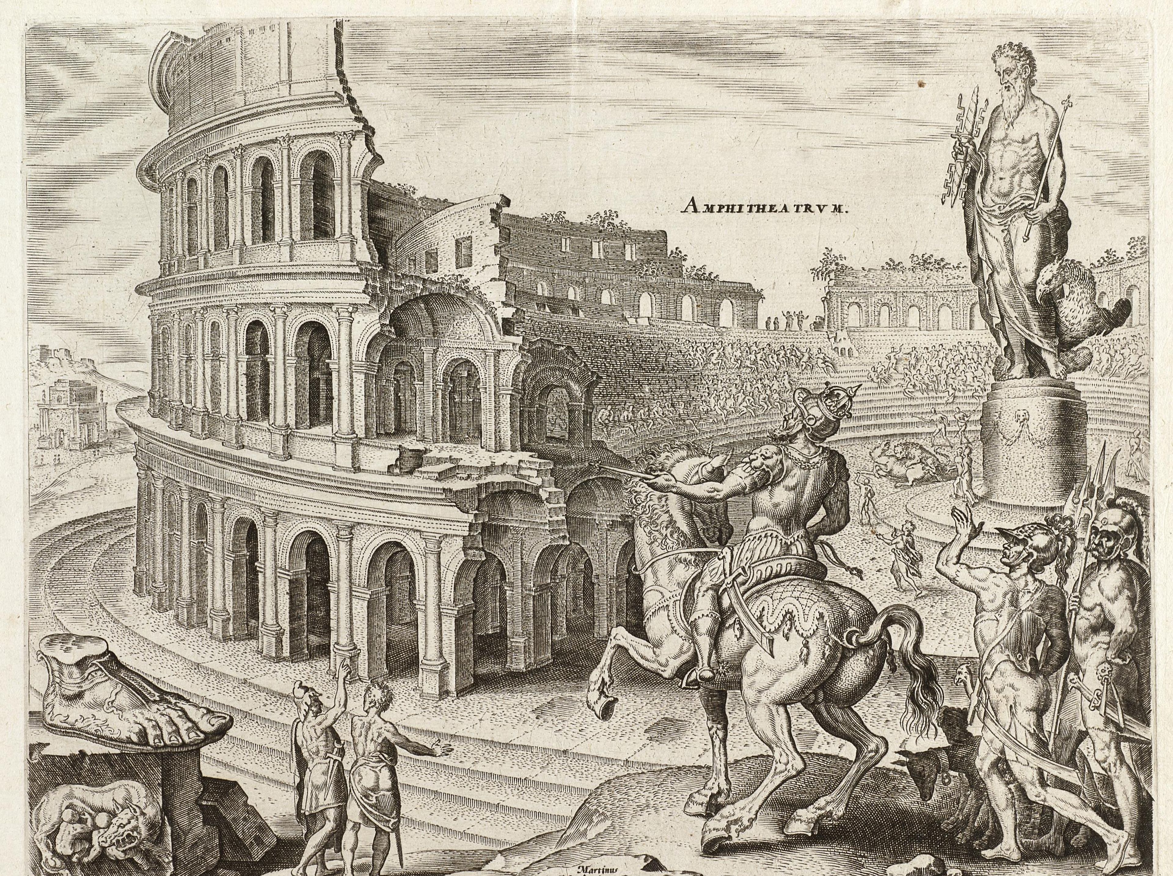 Philips Galle, naar Maarten van Heemskerck, Het Colosseum in Rome, 1572.