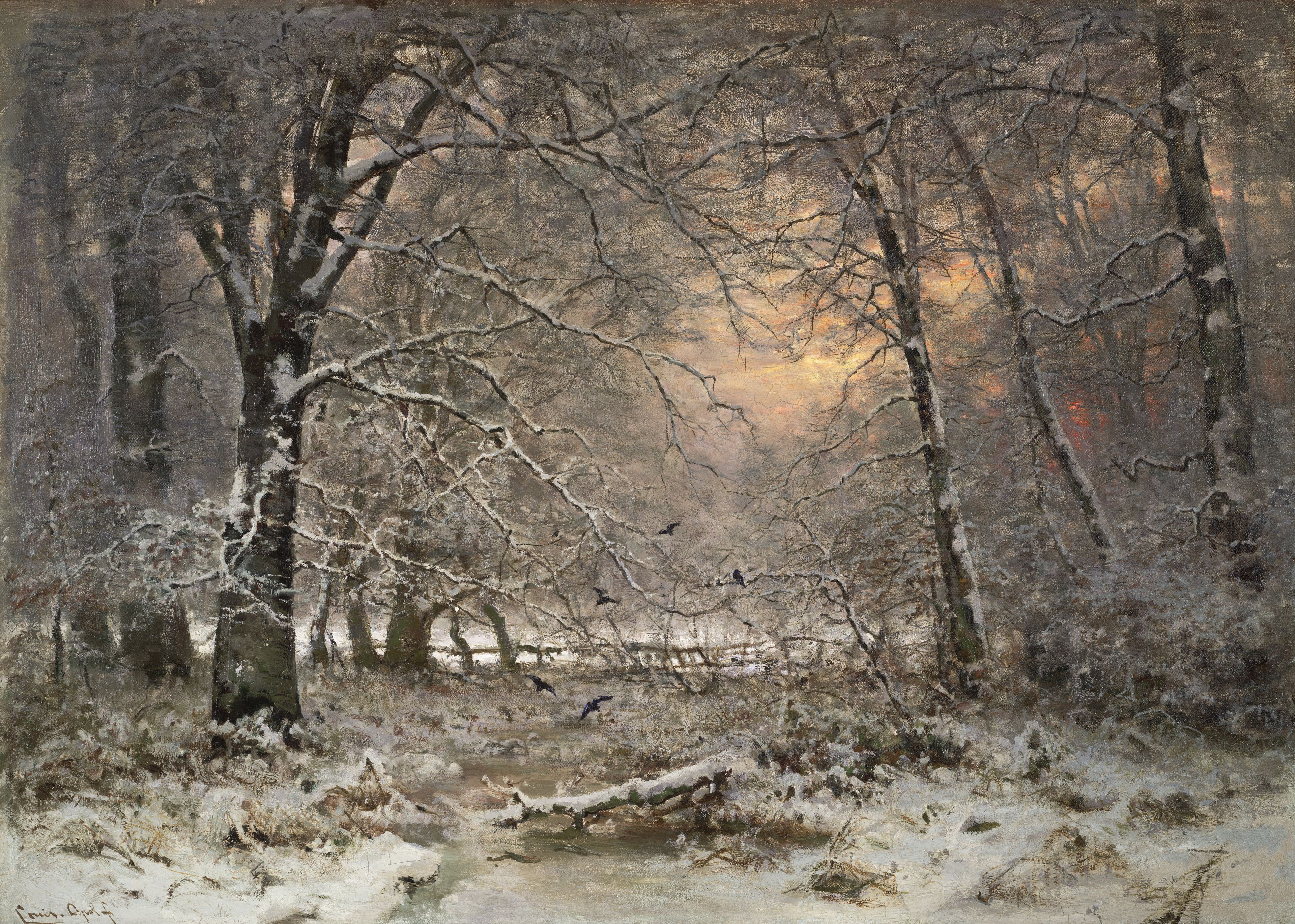 Winterlandschap, Bos bij winter. Louis Apol (1850 - 1936). ca. 1875 - ca. 1885.