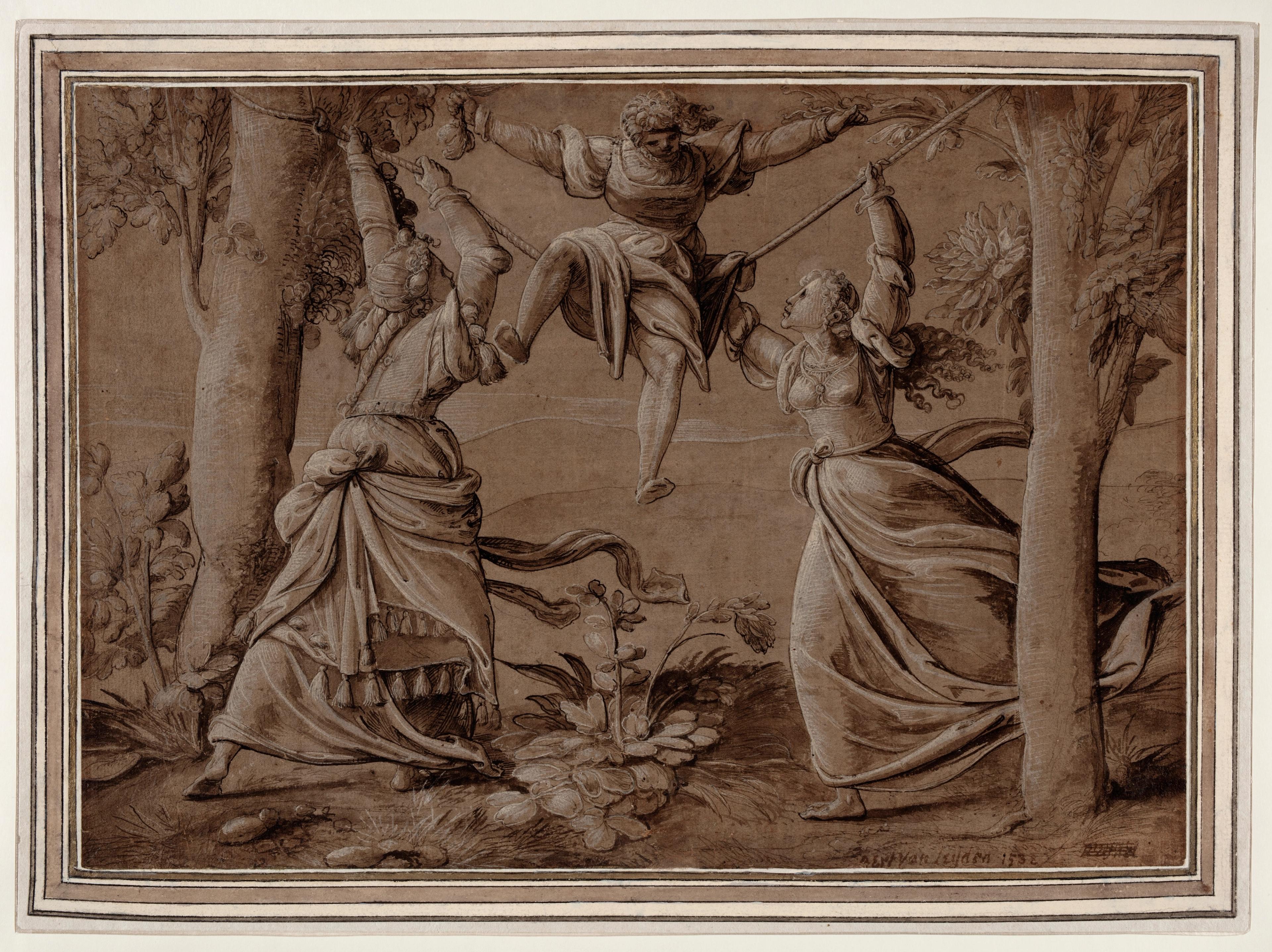 Anoniem, Zuid-Nederlands, ca. 1530-1540, Twee vrouwen vechten om de aandacht van een man. Pen en penseel in bruine inkt, met wit gehoogd, (gedeeltelijke) kaderlijn in pen en bruine inkt, op bruin papier, 21 x 29,8 cm Anoniem, Zuid-Nederlands, ca. 1530-1540, Twee vrouwen vechten om de aandacht van een man.