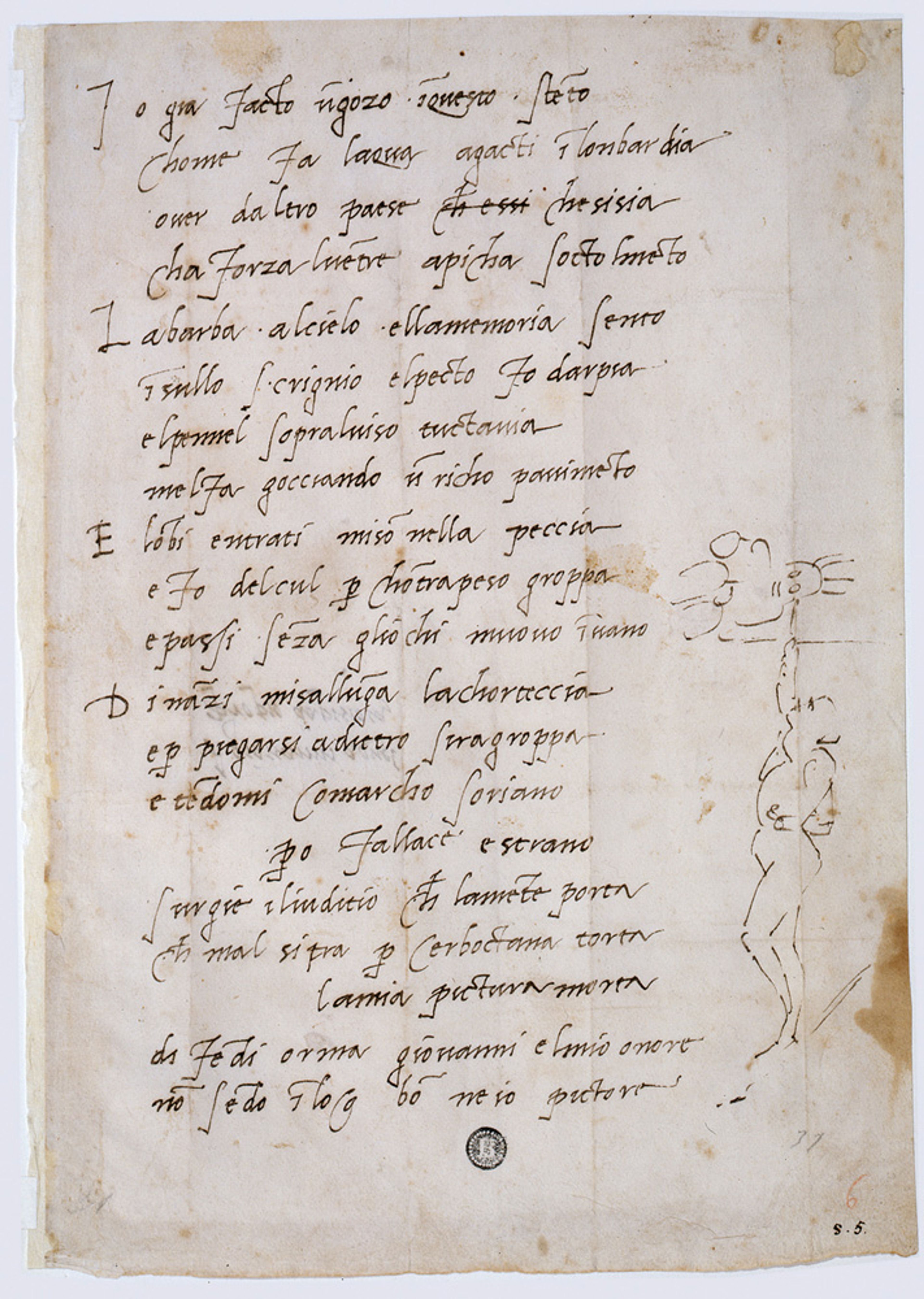 Michelangelo Buonarroti (1475-1564), Sonnet voor Giovanni da Pistoia met schets van de kunstenaar aan het werk, Casa Buonarroti, Florence
