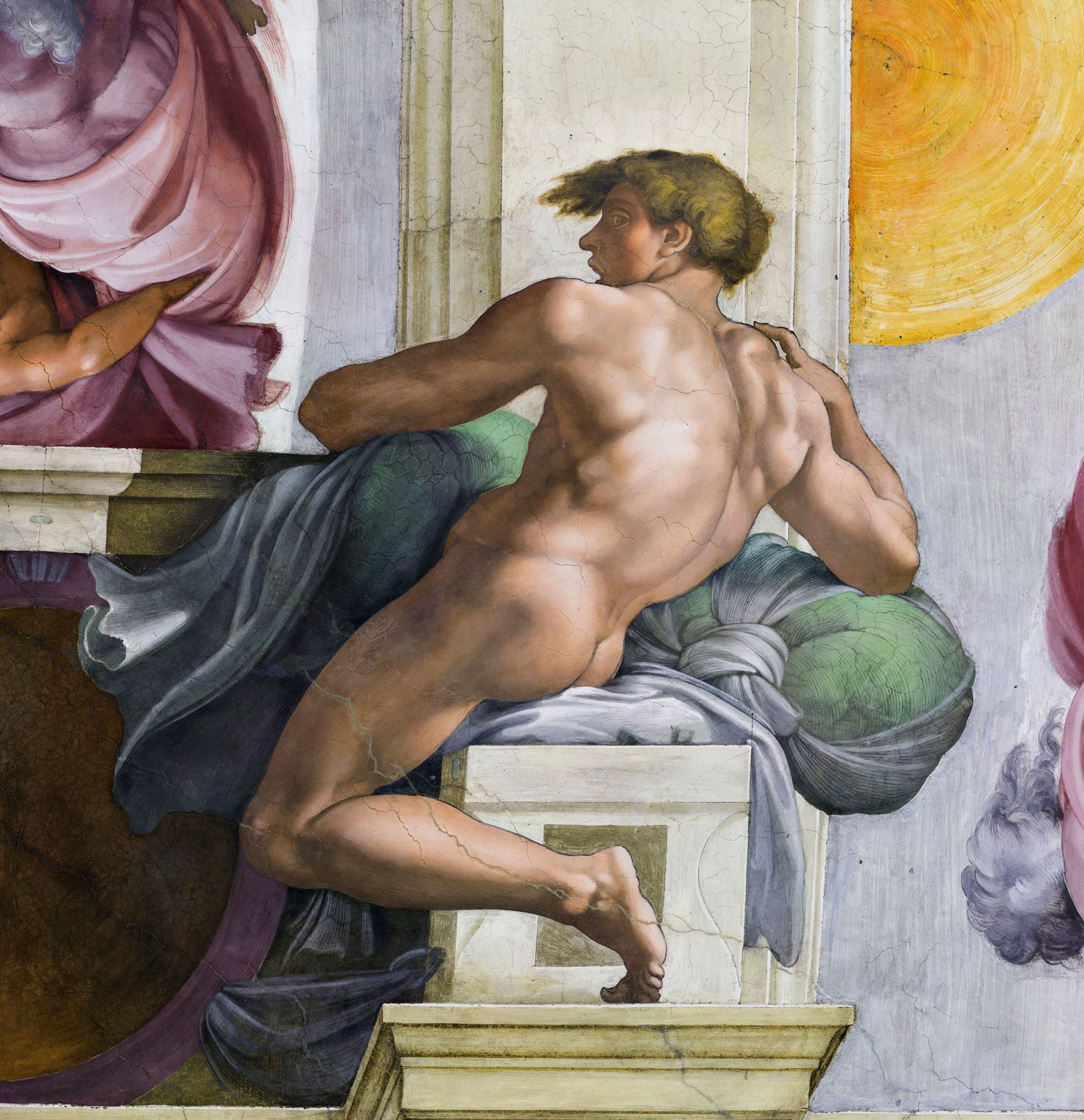 Het fresco van de ignudo op het plafond van de Sixtijnse Kapel, ca. 1511–1512. 