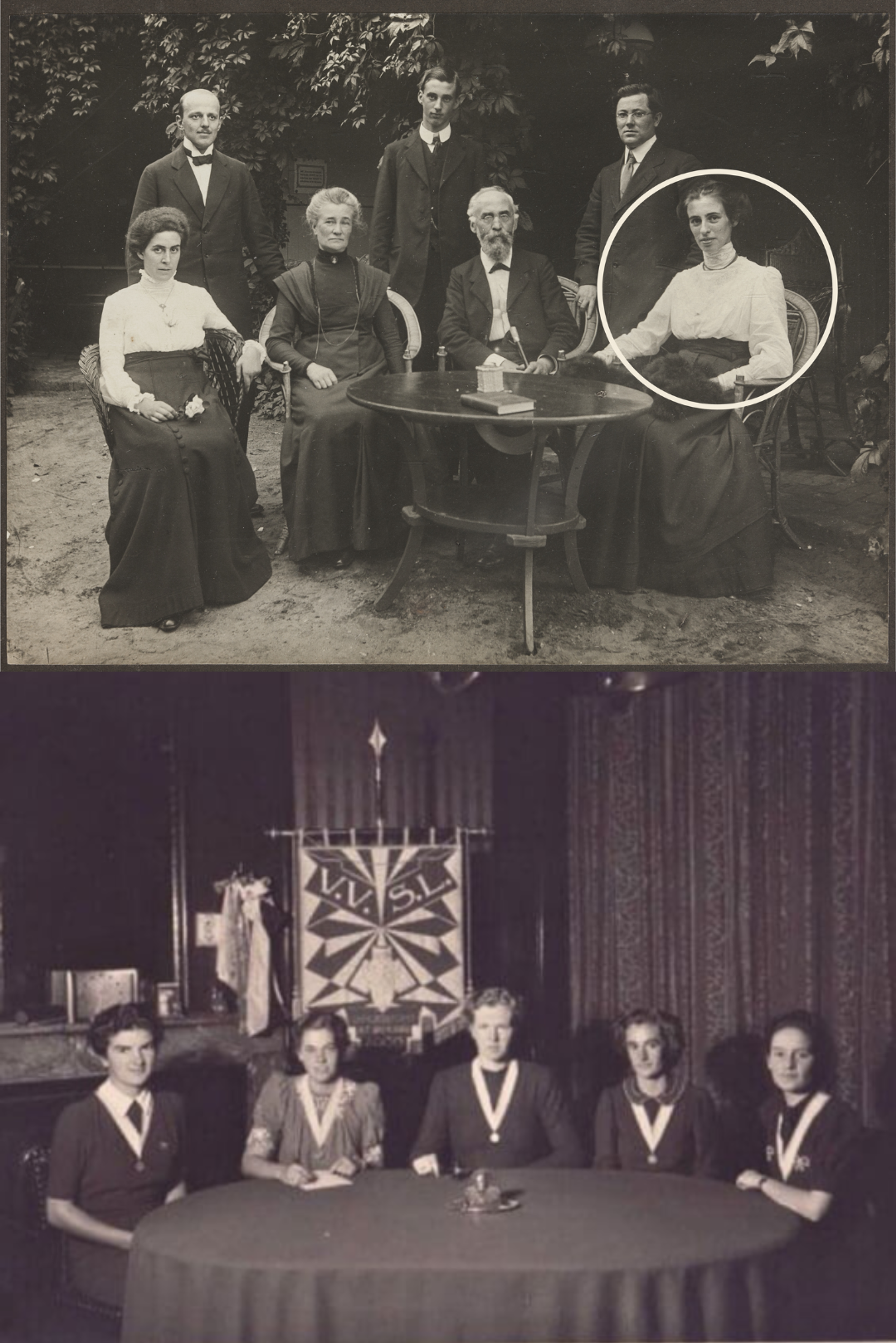 Berta en de familie Lorentz (boven); Berta (tweede van rechts) tijdens de oprichting van de 'Vereeniging voor Vrouwelijke Studenten te Leiden' (onder).