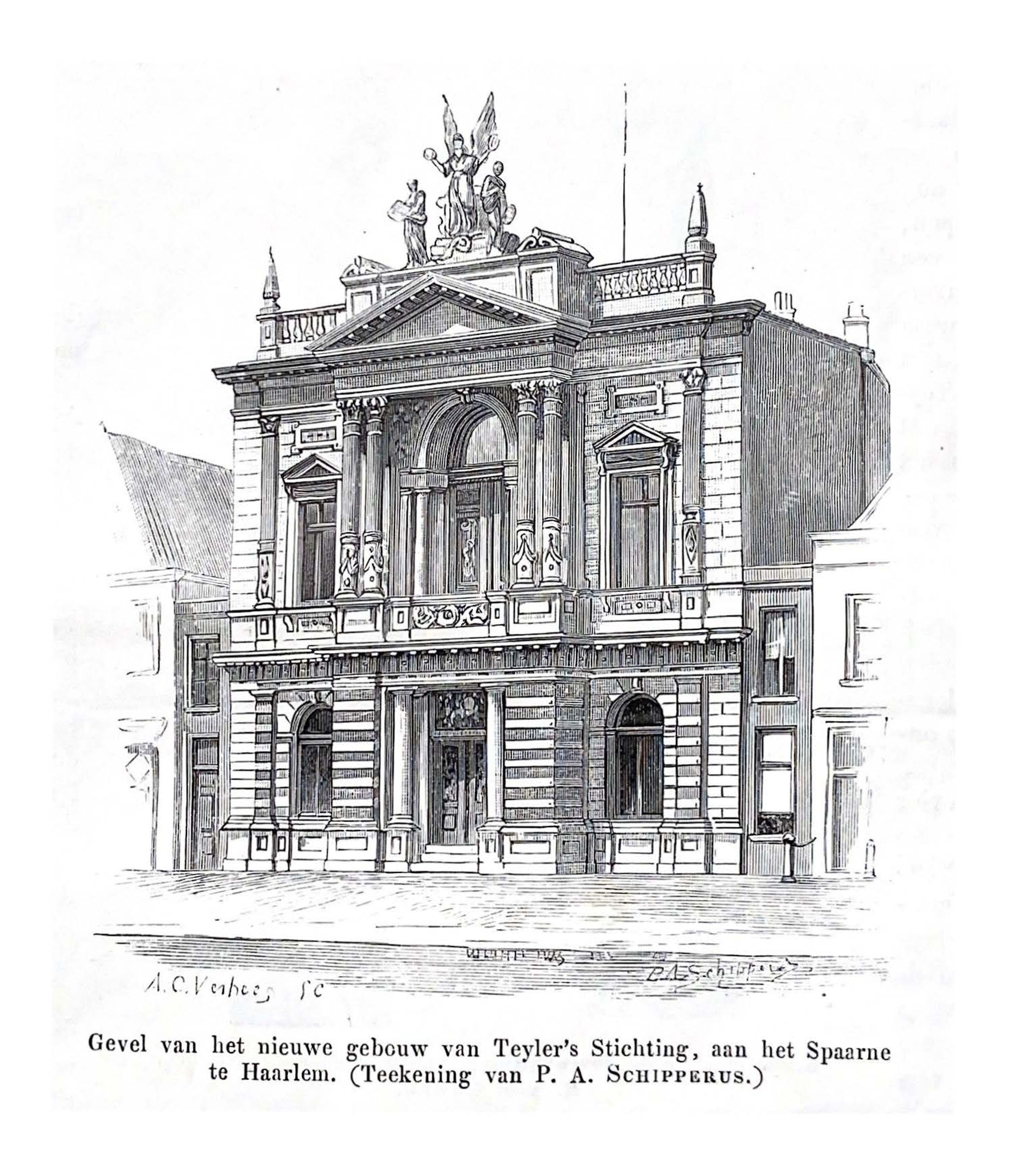 Piet Schipperus, 'Gevel van het nieuwe gebouw van Teyler's Stichting, aan het Spaarne te Haarlem', Eigen Haard 1885, no. 10.