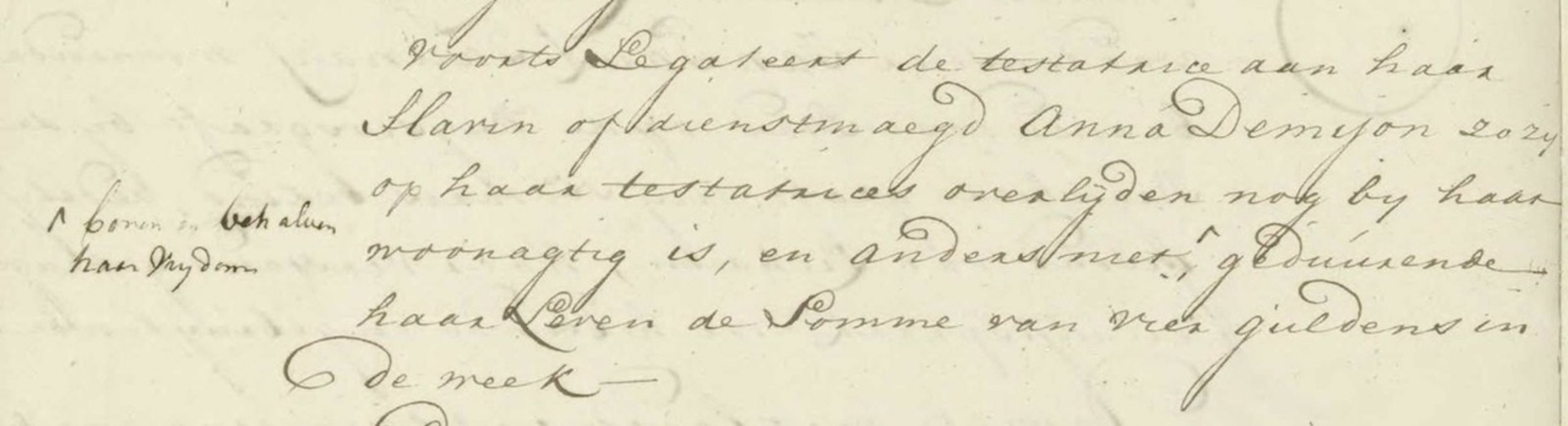 Testament van Susanna Lespinasse waarin Susanne Dumion als “slavin of dienstmaegd” wordt genoemd.
