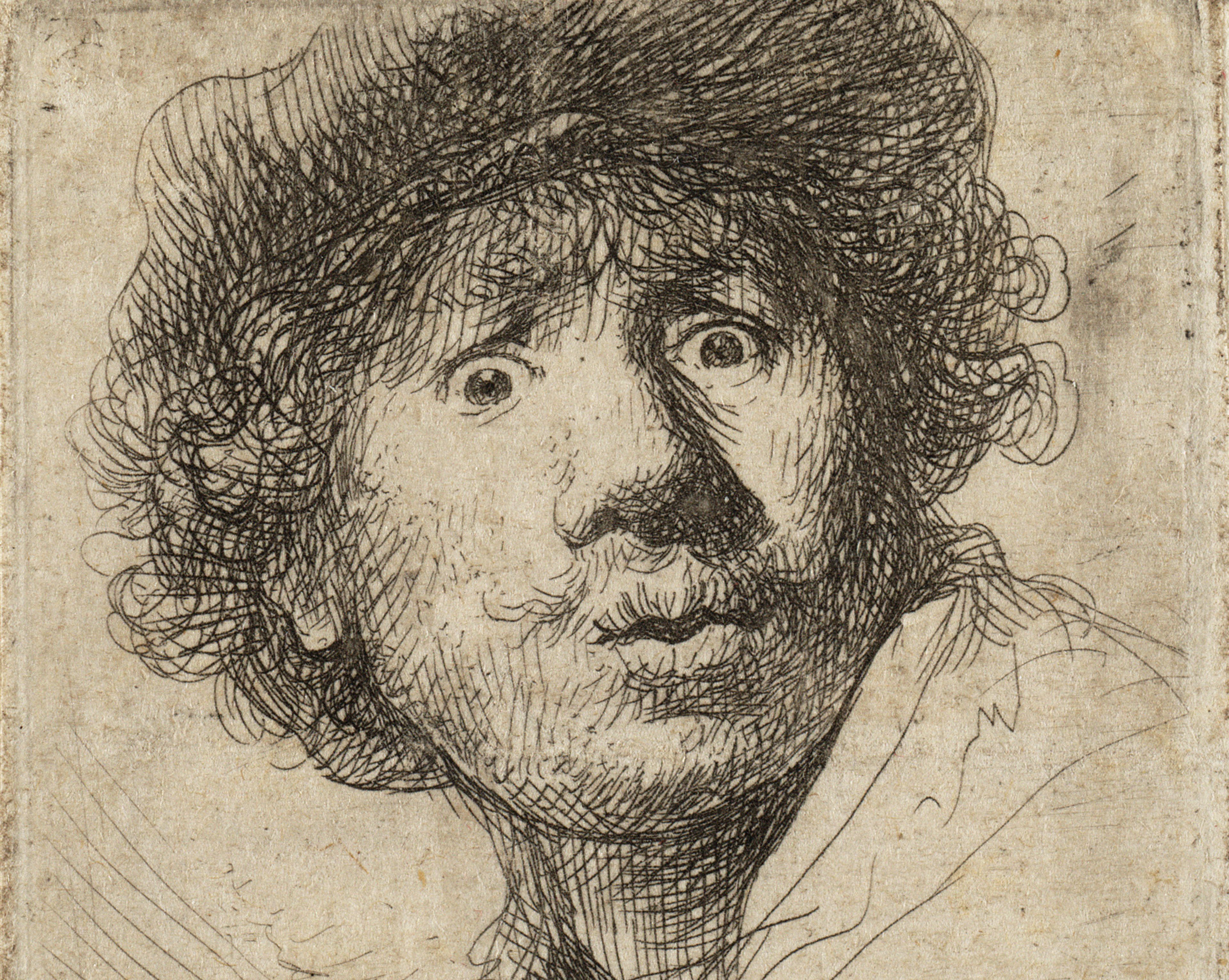 Rembrandt Harmensz. van Rijn, Zelfportret met baret en opengesperde ogen, 1630.