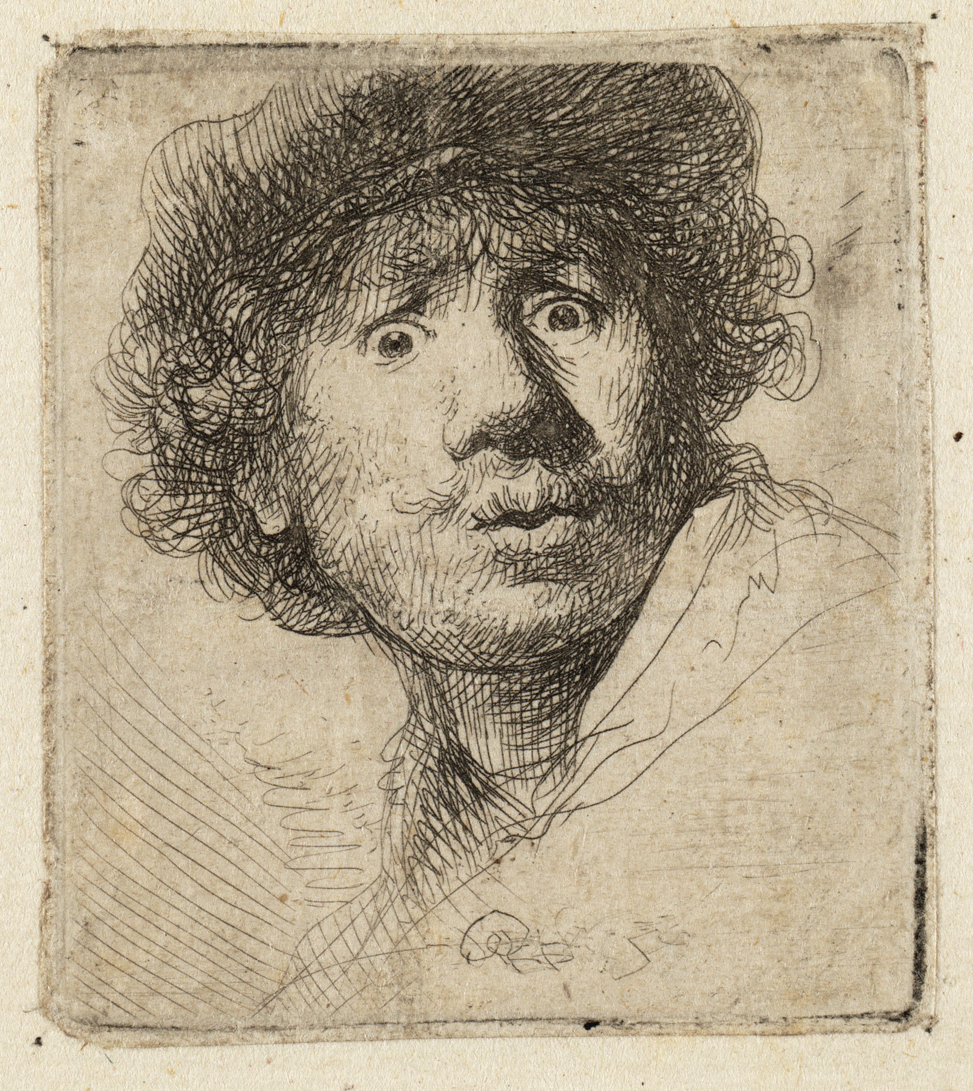 Rembrandt Harmensz. van Rijn, Zelfportret met baret en opengesperde ogen, 1630.