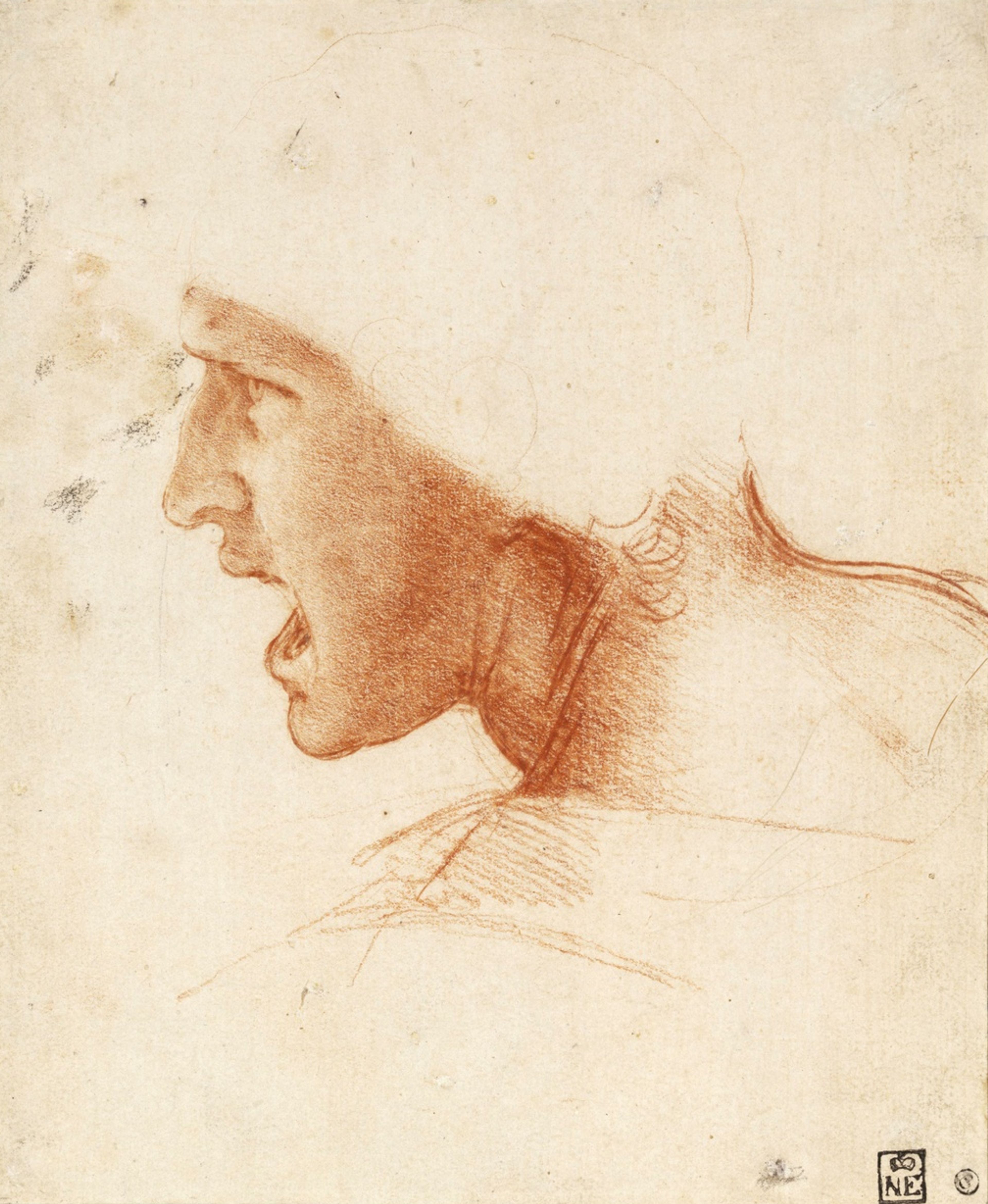 Leonardo Da Vinci, 'Studie van hoofd van een soldaat voor de Slag bij Anghiari'.