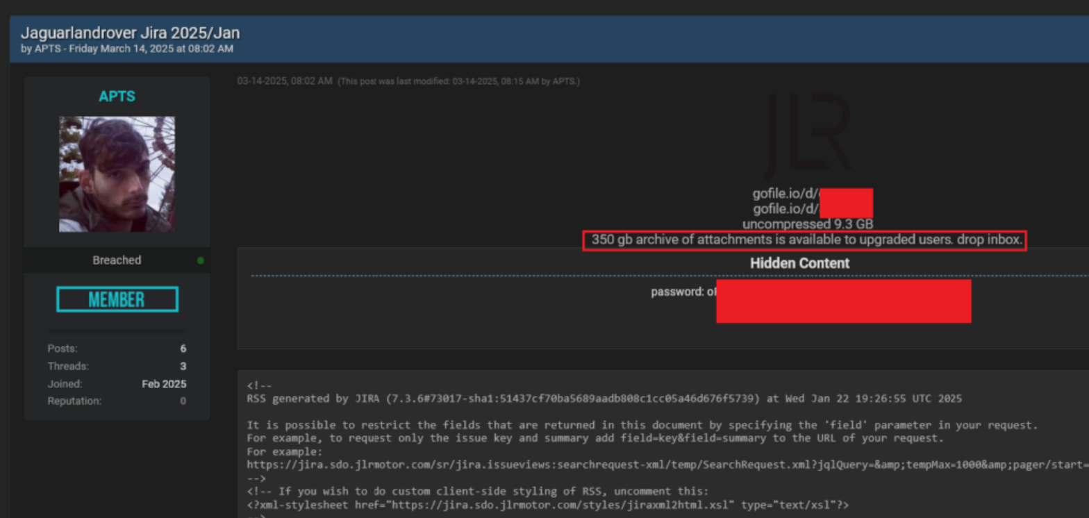 Snapshot of leaked JLR Data on dark web