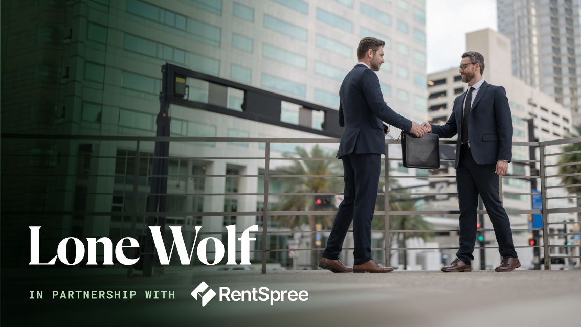 Men shaking hands in urban setting with rentspree lone wolf logos at bottom