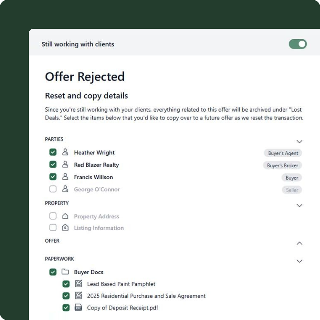 real estate transaction checklist for agents showing lost deal workflow