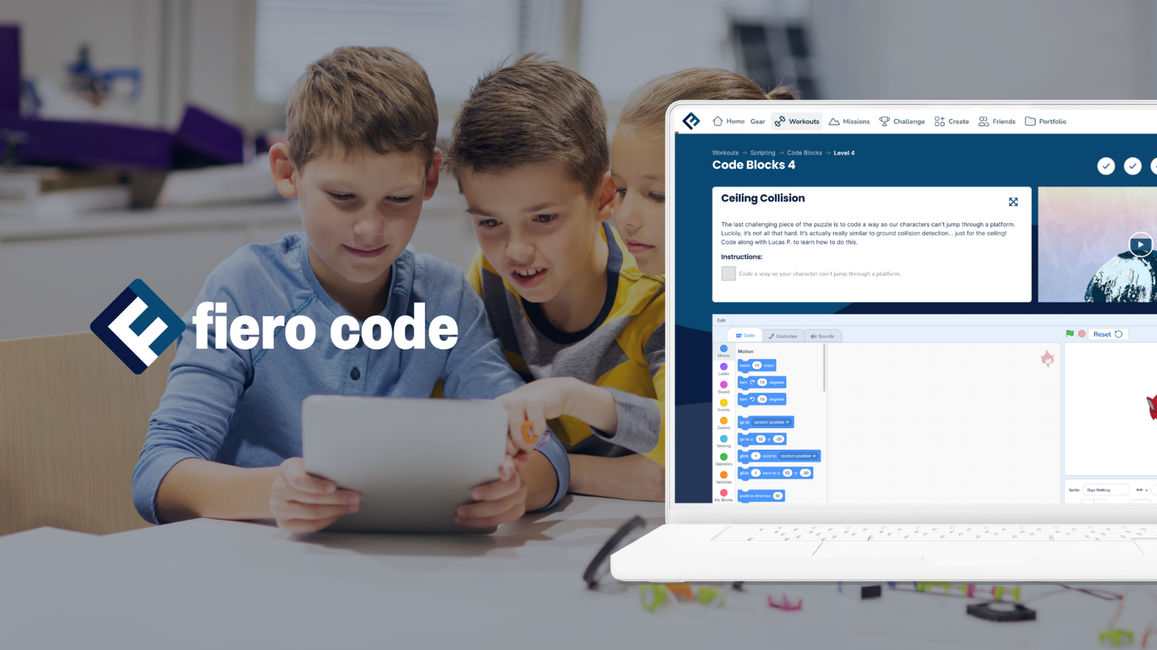 Children learning to code in the classroom. A desktop mockup showcasing Fiero Code's user interface.