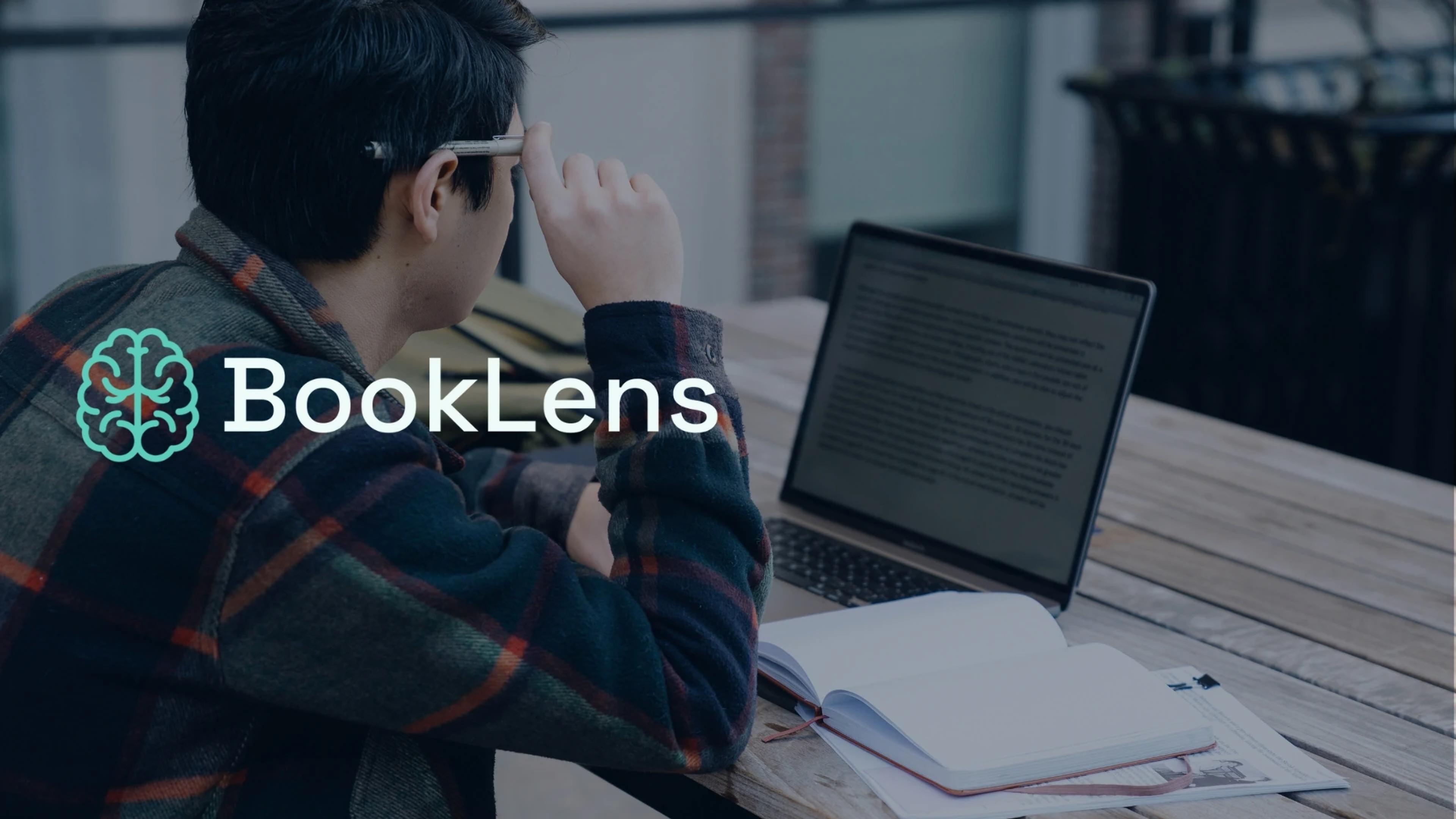 A student reading a book on their laptop. BookLens logo
