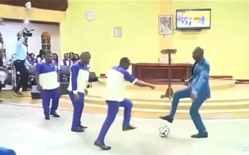pastor plays football in church