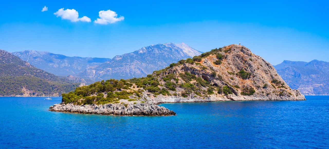 Gemiler or St. Nicholas Island Aerial Panoramic View in Turkey