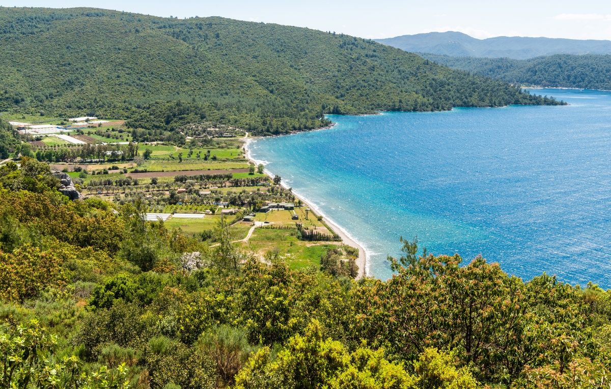 View over Karaca village along the Gulf of Gokova coastline in Mugla, Turkey