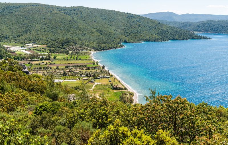 View over Karaca village along the Gulf of Gokova coastline in Mugla, Turkey