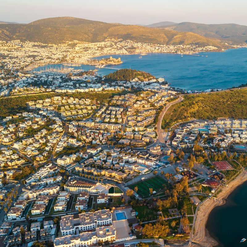 Bodrum Center Cityscape Golden Hour Coastal Aerial View