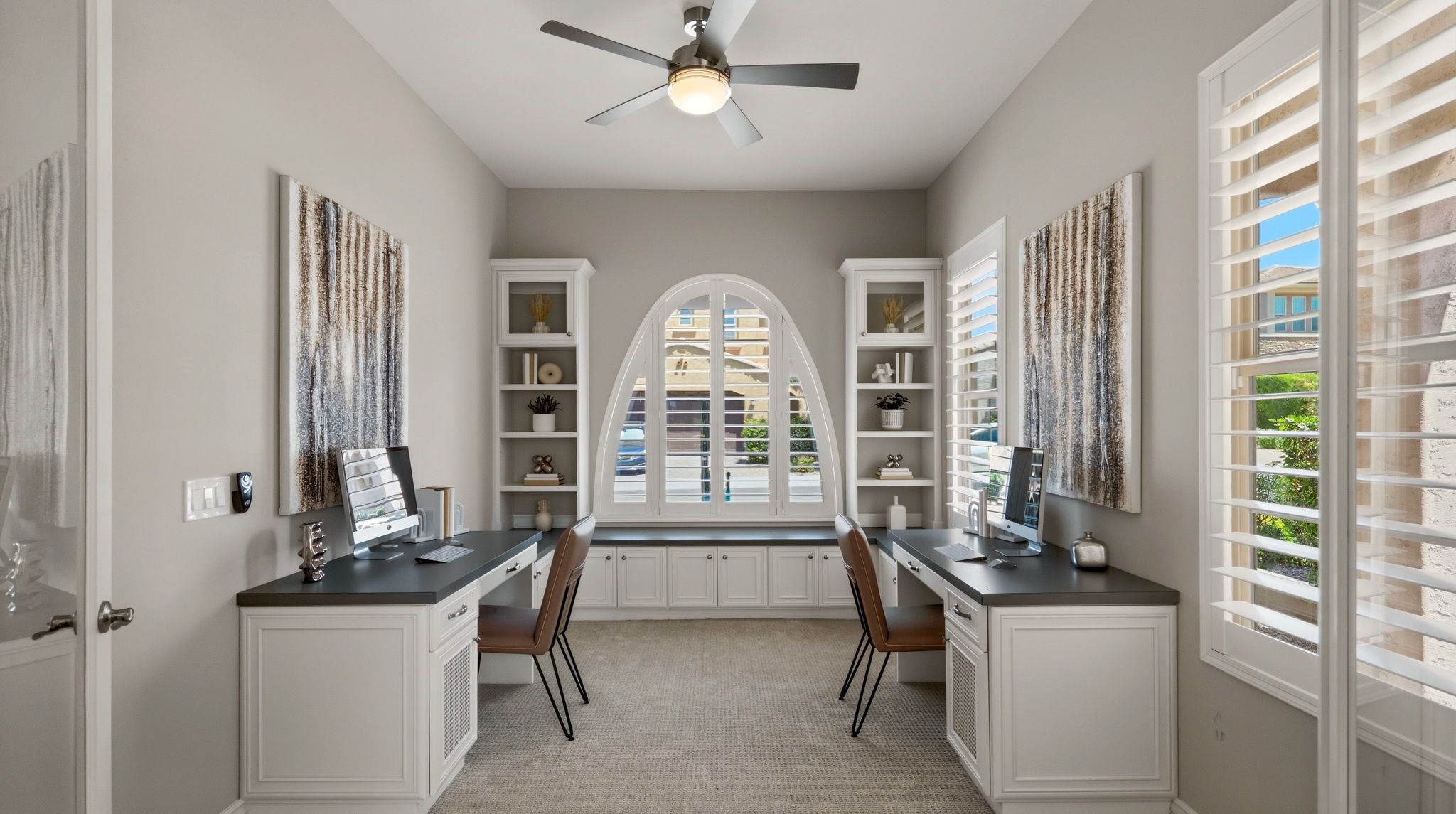 Vista Bonita dedicated home office with dual Classy Closets desks and arched window