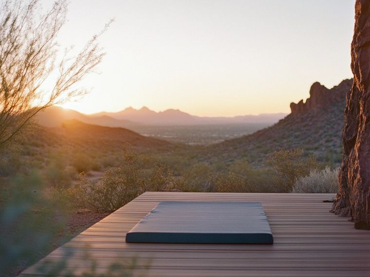 Bare cushion on a wooden deck overlooking a hazy desert valley at sunset
