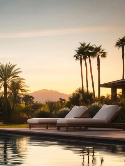 https://s.mj.run/Yp1hwGN0_GI A realistic high end architectural digest style image of resort style swimming pool in the backyard of a luxury Paradise Valley Estate Arizona home, early morning. The pool is calm with clear, sparkling water reflecting the soft morning light. The surrounding desert landscaping, including palm trees, is gently illuminated by the rising sun. The morning sky is a gradient of warm orange and pink fading into light blue. Two Teak wood lounge chairs with soft white cushions. The air feels fresh, with the promise of a warm day ahead. Slim Aarons inspired. --chaos 10 --ar 3:4 --style raw --sref https://s.mj.run/Yp1hwGN0_GI --stylize 0 --v 6.1 Job ID: f78080d0-3d67-45ae-b877-8ab0de46d366