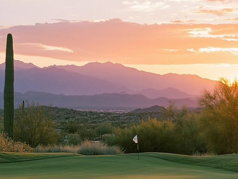 A golf green at sunset beneath mountains and a pink and gold sky