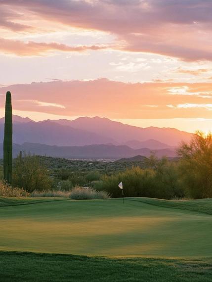 A golf green at sunset beneath mountains and a pink and gold sky