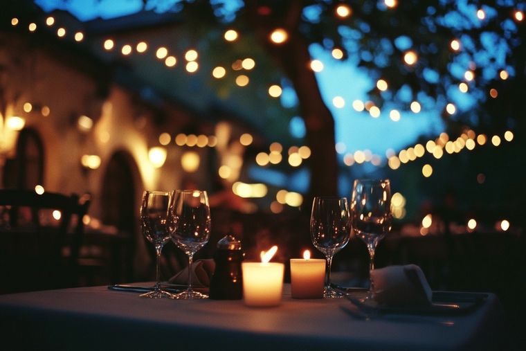Generic stock image of a candlelit table under string lights, no neighborhood visible