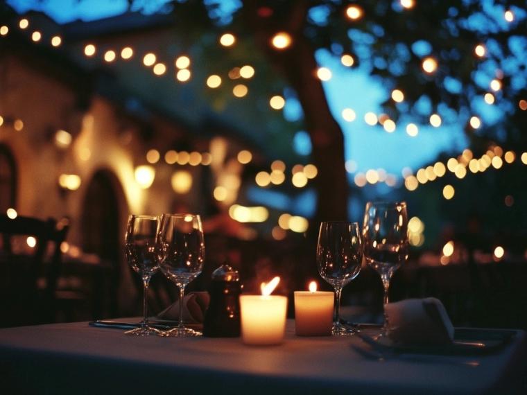 Generic stock image of a candlelit table under string lights, no neighborhood visible