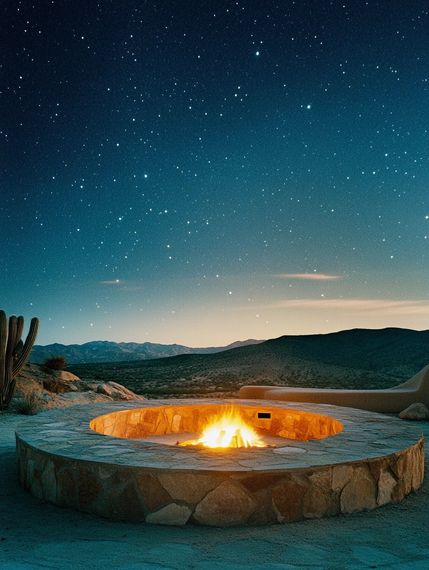 Round stone fire pit burning under a star-filled night sky above desert hills