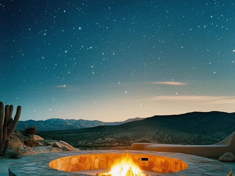 Round stone fire pit burning under a star-filled night sky above desert hills