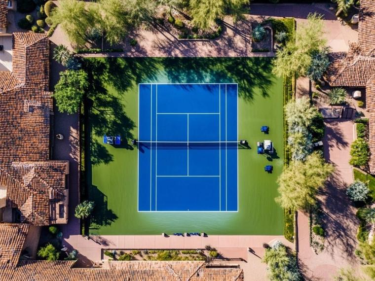 Aerial view of a blue tennis court enclosed by tile-roofed buildings and gardens