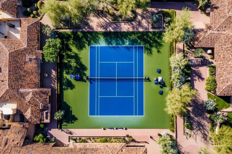 Aerial view of a blue tennis court enclosed by tile-roofed buildings and gardens