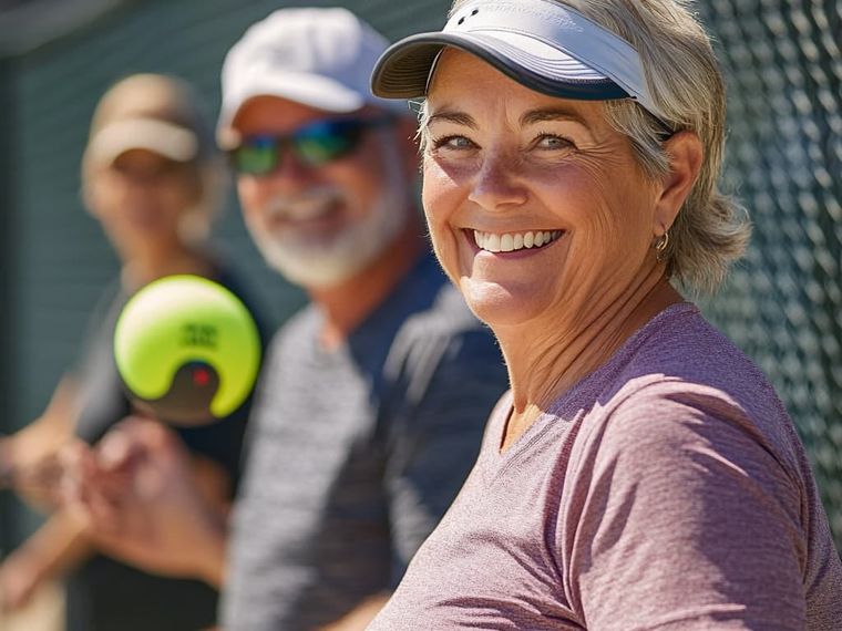 Smiling woman in a visor holding a pickleball paddle and ball beside a court fence, two players blurred behind her