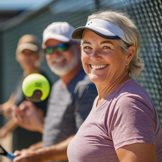 Smiling woman in a visor holding a pickleball paddle and ball beside a court fence, two players blurred behind her