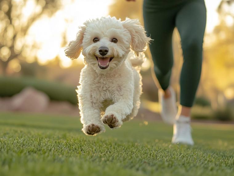 Small white curly-coated dog bounding across sunlit grass toward the camera, a person jogging behind out of focus