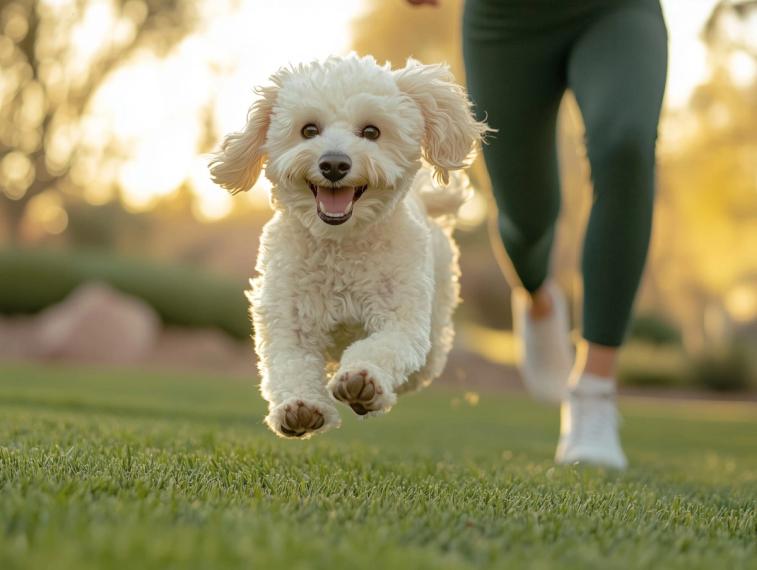 Small white curly-coated dog bounding across sunlit grass toward the camera, a person jogging behind out of focus