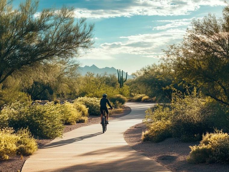 A cyclist on a paved desert path lined with palo verde and saguaro