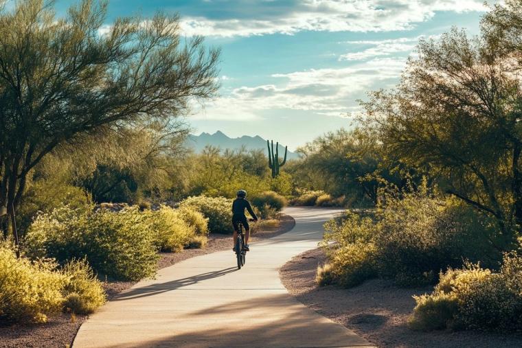 A cyclist on a paved desert path lined with palo verde and saguaro