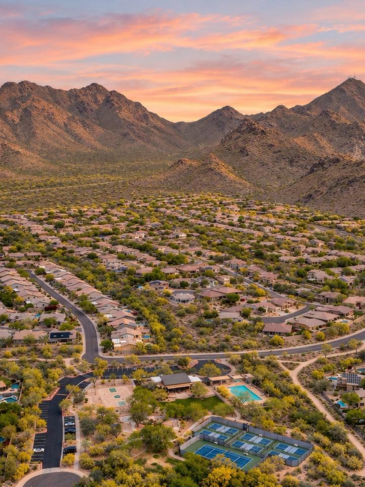 Scottsdale homes beneath the McDowell Mountains at sunset