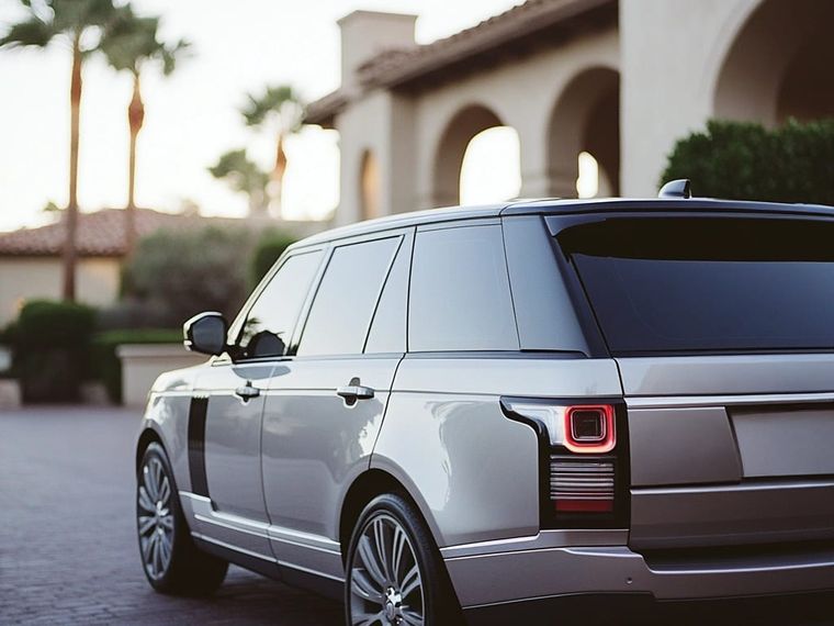 A silver SUV parked in the drive of a tile-roofed home among palms
