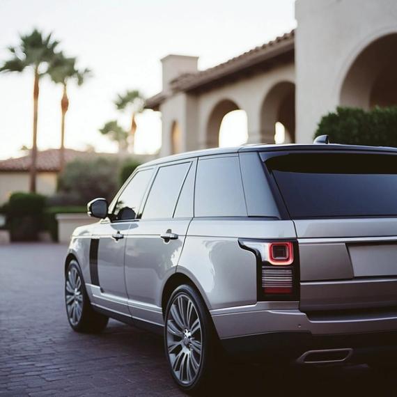 A silver SUV parked in the drive of a tile-roofed home among palms