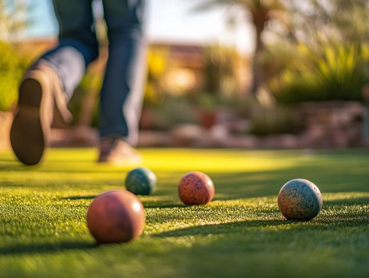 Close view of colored bocce balls resting on sunlit grass, a person walking toward them out of focus behind