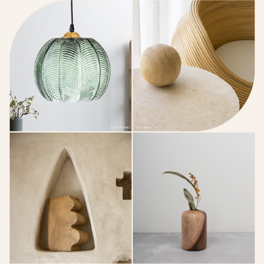 Four biophilic interior details: a green ribbed glass pendant lamp, a wood sphere on a curved rattan console, a carved wood object set in a plaster niche, and a small bud vase with a single sprig