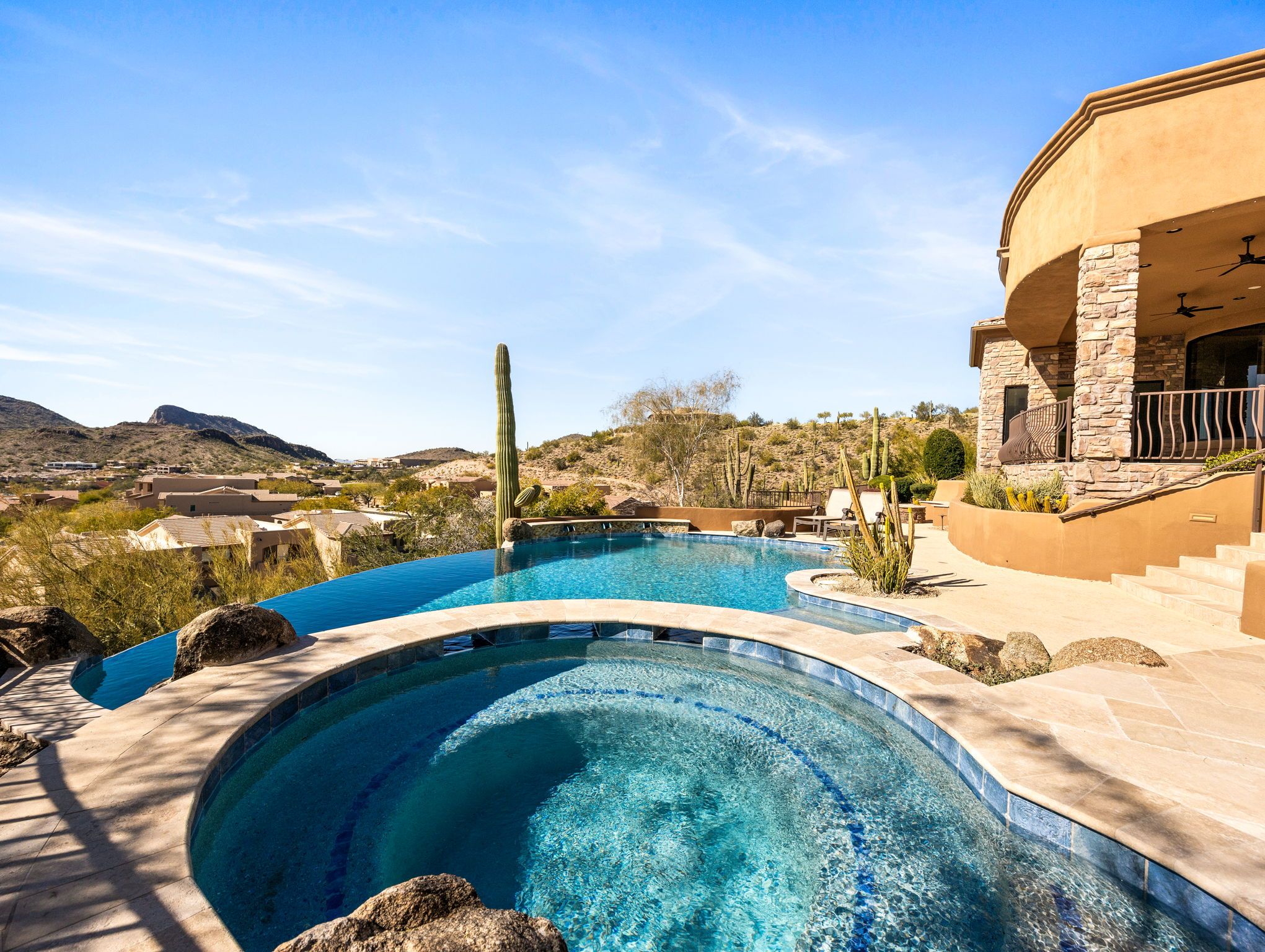 Luxury Home in Fountain Hills FireRock Country Club. backyard negative edge pool.